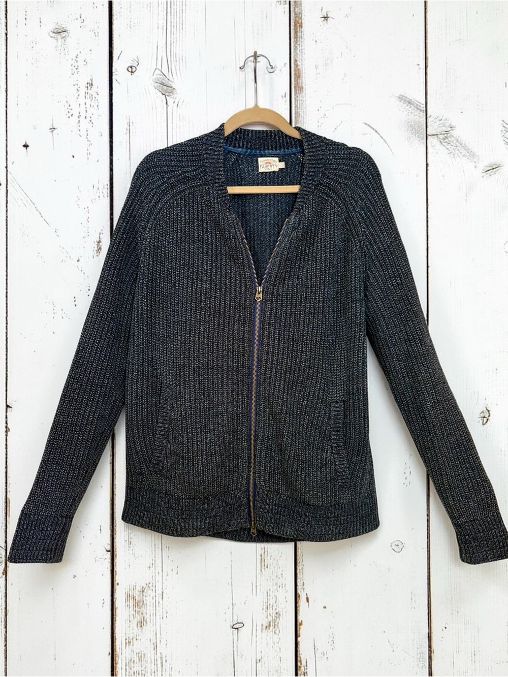 Faherty Men’s Indigo Dyed Full Zip Sweater Cardigan Large